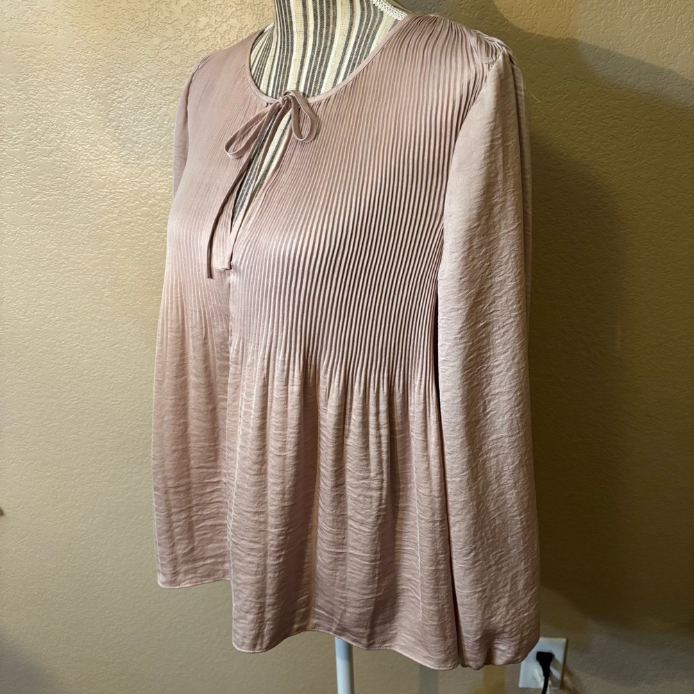 Lucky Brand Blouse Small Blush Pink Pleated Peasant Top Flowy Long Sleeves Ties - Picture 8 of 15